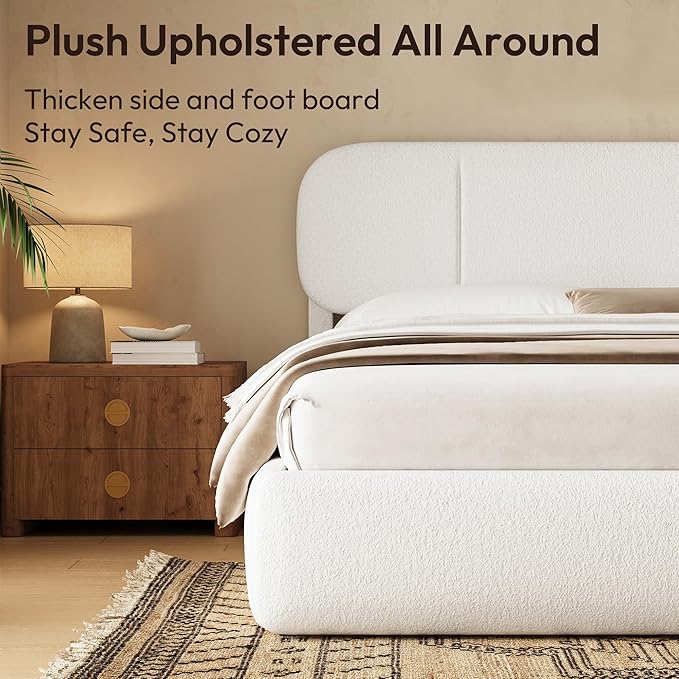King Size Bed Frame with Storage, Boucle Cloud Bed with 4 Locking Drawers & LED Lights, Modern Upholstered Platform Bed, Plush Sides & Footboard, Adjustable Headboard, No Box Spring, Cream