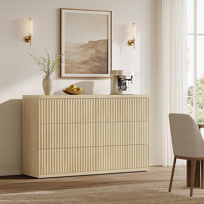 SICOTAS Fluted Buffet Cabinet with Storage, Modern Sideboard Credenza with Larger Drawers, Mid Century Coffee Bar Table Media Console Accent Table for Dining Room Kitchen Hallway (3 PCS)