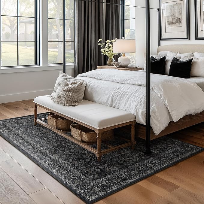 Living Room Rugs 6x8, Vintage Dark Area Rugs for Bedroom Dining Room, Washable Non Slip Low Pile Thin Carpet Rug for Guest Room Home Office, Farmhouse Distressed Midnight