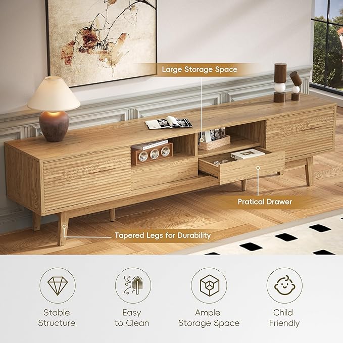 MU 70 Inch TV Stand for TVs up to 75 Inch, Mid Century Modern TV Console with Fluted Sliding Doors, Shelves & Drawers, Low Profile Entertainment Center for Bedroom, Living Room (Oak, 70")
