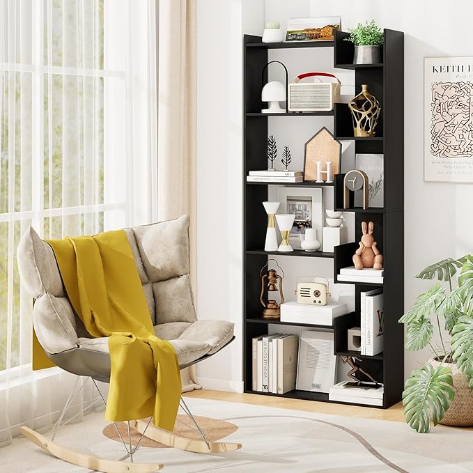Tangkula 6-Tier Bookshelf, 64”H Tall Open Bookcase with Anti-Tip Kits, Home Office Free-Standing Wood Room Divider Display Book Shelf, Modern 11-Shelf Storage Rack for Study, Living Room (2, Black)