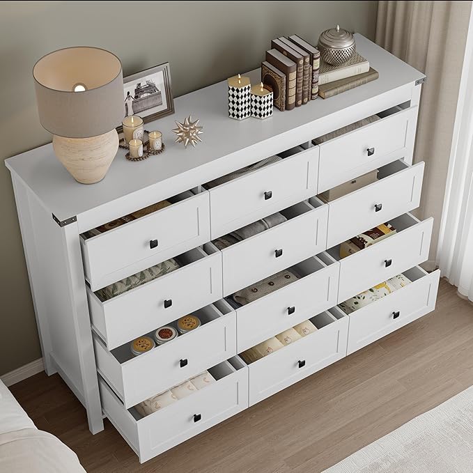 BORNOON 12-Drawer Dresser, Modern Wooden Storage Chest of Drawers, Dresser TV Stand, Wood Drawer Organizer with Metal Handles for Bedroom, Living Room, Hallway