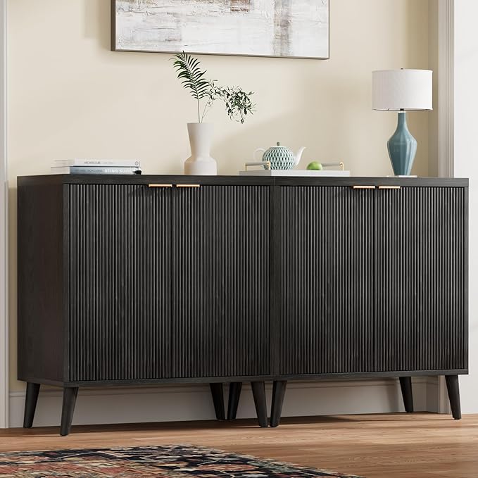 Homleke Buffet Cabinet with Storage, Modern Fluted Accent Sideboard with Doors & Adjustable Shelves, Buffet Table Entryway Cabinets for Living Room, Kitchen, Dining Room, Hallway, Black