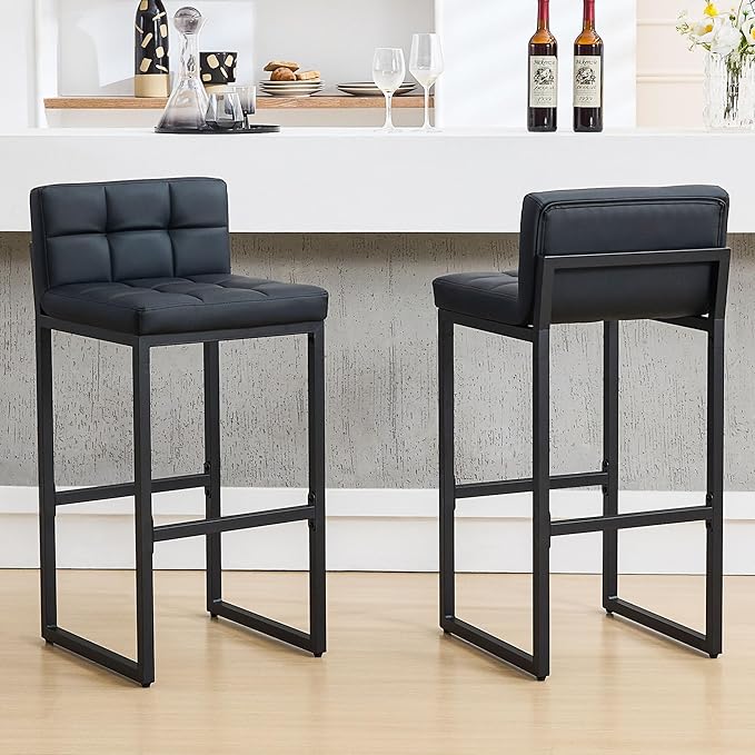 FIRAVOE Bar Height Bar Stools Set of 2, Modern Tall Counter Stool, Faux Leather Barstools with Back, Comfortable 30-inch Seat Height Island Chairs for Kitchen Island (Black, 2Pcs 30" Bar Stools)