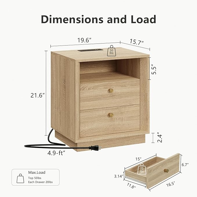 FORTUNETEC Nightstand Set of 2 with Charging Station, Mid Century Modern Nightstand with Wood Grain Texture, Boho End Table with Drawers Storage, Bedside Table for Bedroom Living Room, White Oak