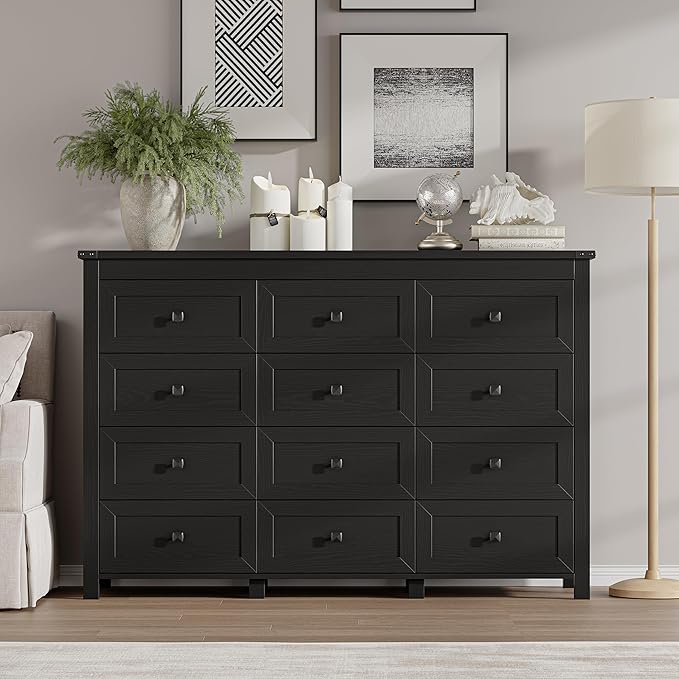 BORNOON 12-Drawer Dresser, Modern Wooden Storage Chest of Drawers, Dresser TV Stand, Wood Drawer Organizer with Metal Handles for Bedroom, Living Room, Hallway