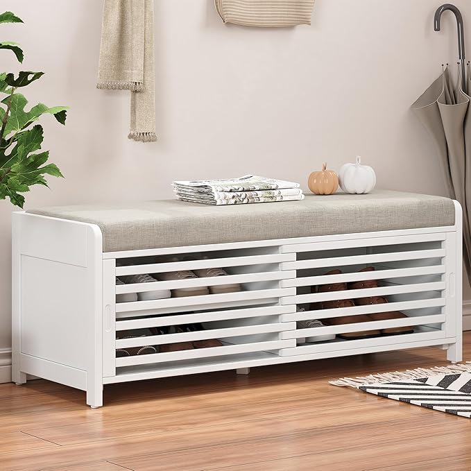LUMISOL Shoe Bench with Storage and Cushion, Farmhouse Distressed Shutter Storage Bench with Retro Charm for Living Room, Entryway, White