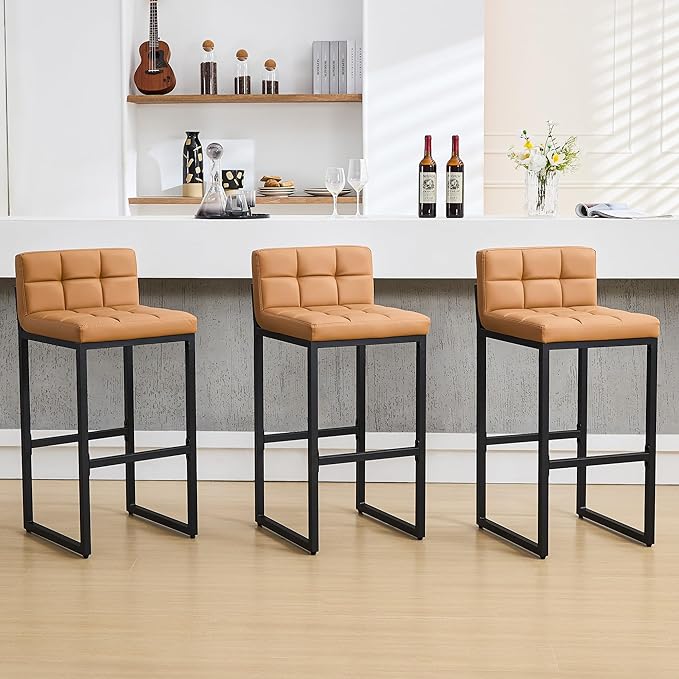 FIRAVOE Set of 3 Bar Stools, PU Leather Barstools, 30" Modern High Counter Stools with Back and Thickened Metal Legs, Upholstered Island Chairs for Kitchen Island (Caramel Brown, 3Pcs 30" Bar Stools)