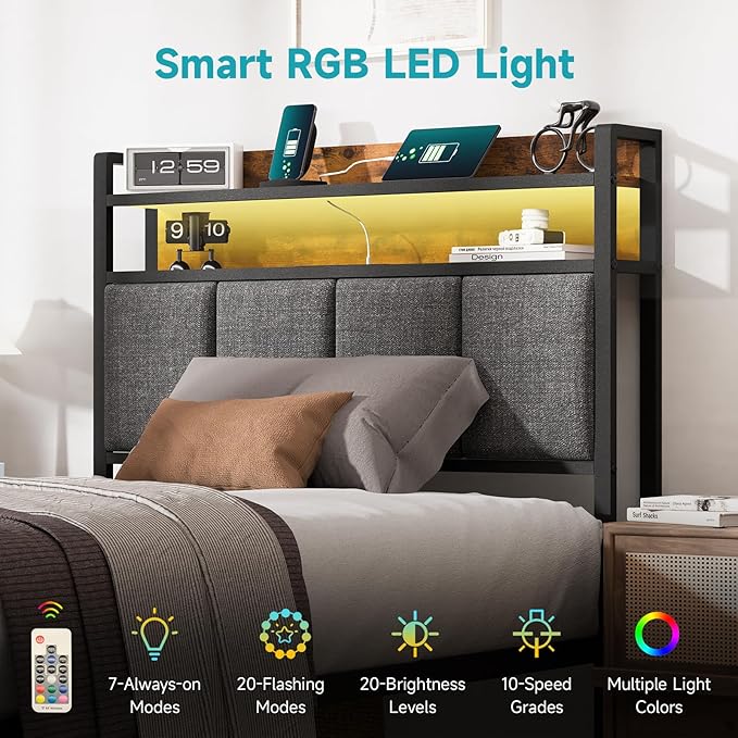 Easy Assembly Twin Bed Frame with LED Light &Charging Station, Metal Platform Bed with 2-Tier Shelves & Under Bed Storage, Upholstered Headboard&Footboard,No Box Spring Needed,Noise Free,Vintage Brown