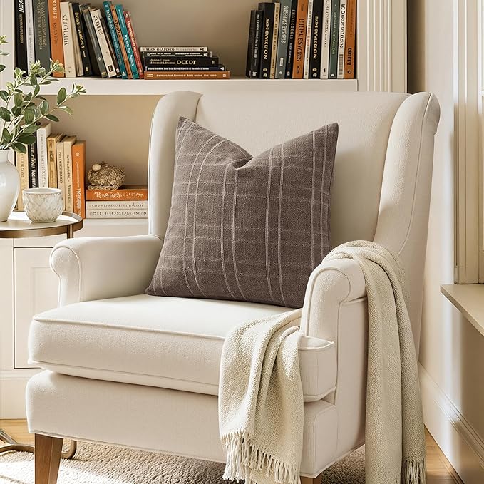 MIULEE Decorative Linen Check Throw Pillow Covers Neutral Farmhouse Vintage Pillow Covers 20x20 Set of 2 Boho Modern Winter Home Decor for Sofa Couch Bedroom Cushion Taupe