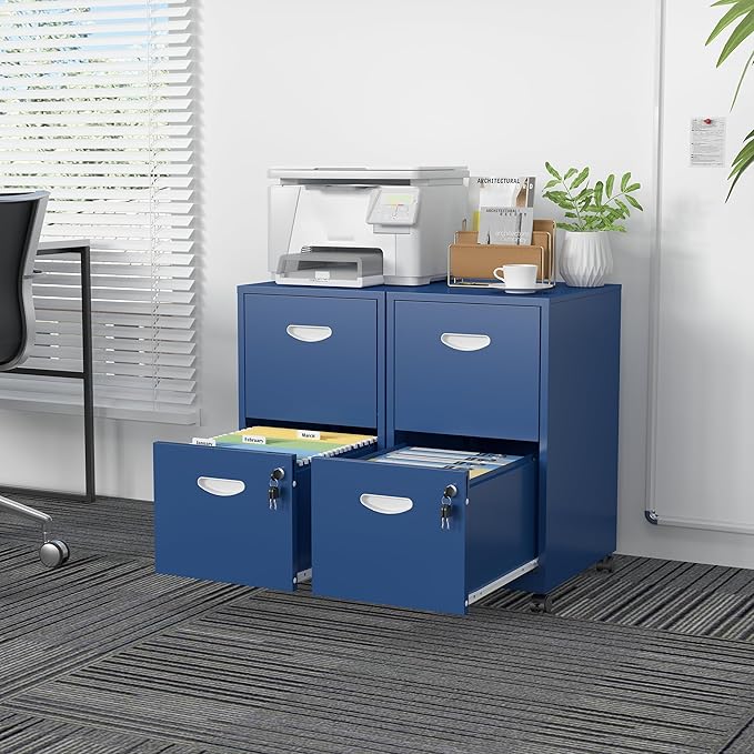SteeLoong 2 Drawer File Cabinet with Lock,Blue Rolling File Cabinet for Home Office,Printer Stand, Metal Small Mobile Filing Cabinets on Wheels for Hanging Letter
