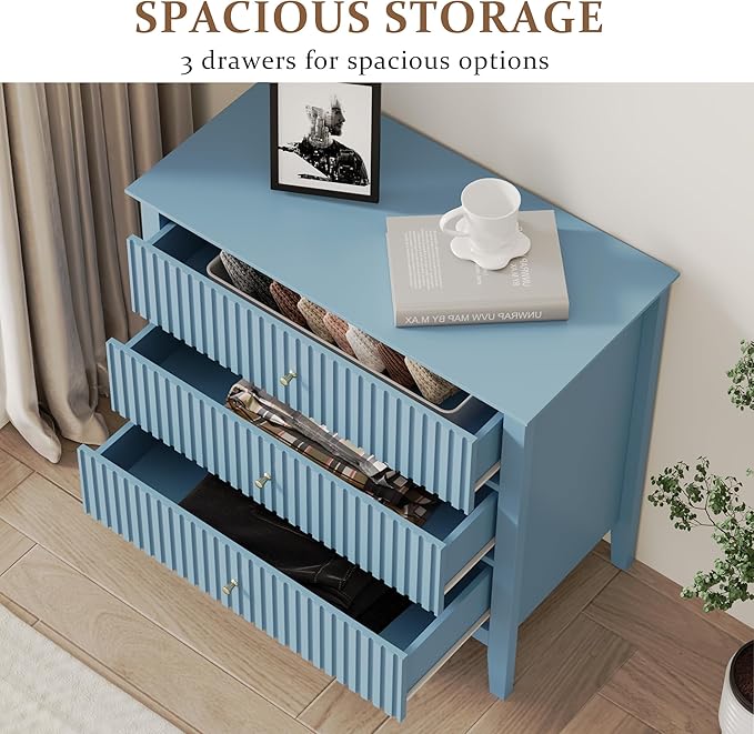 RoyalCraft 32" Large Nightstand, Fluted Painted Wood Bedside Table with 3 Spacious Drawers, Modern End Table for Bedroom, Living Room, Light Blue