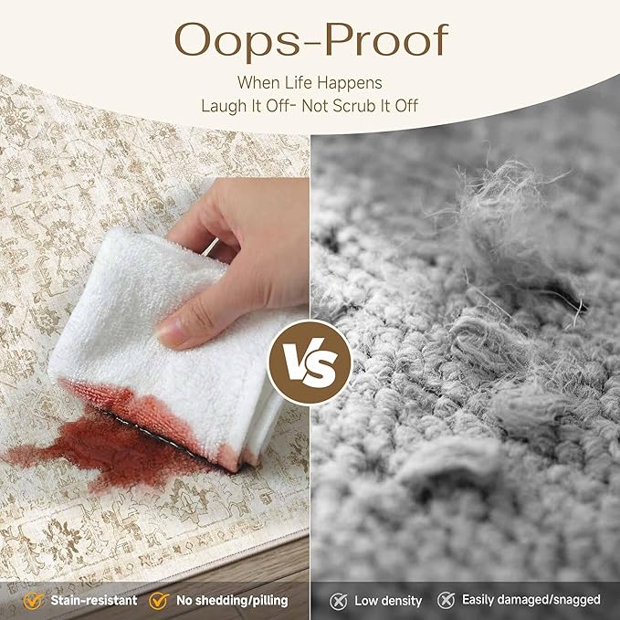 8x10 Beige Washable Neutral Area Rug for Living Room Soft Floral Non Slip Large Rug Modern Low Pile Stain Resistance Indoor Carpet Bedroom Office Playroom Office Classroom