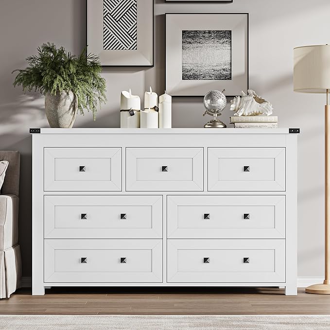 BORNOON 7-Drawer Dresser, Modern Wooden Storage Chest of Drawers, Dresser TV Stand, Wood Drawer Organizer with Metal Handles for Bedroom, Living Room, Hallway