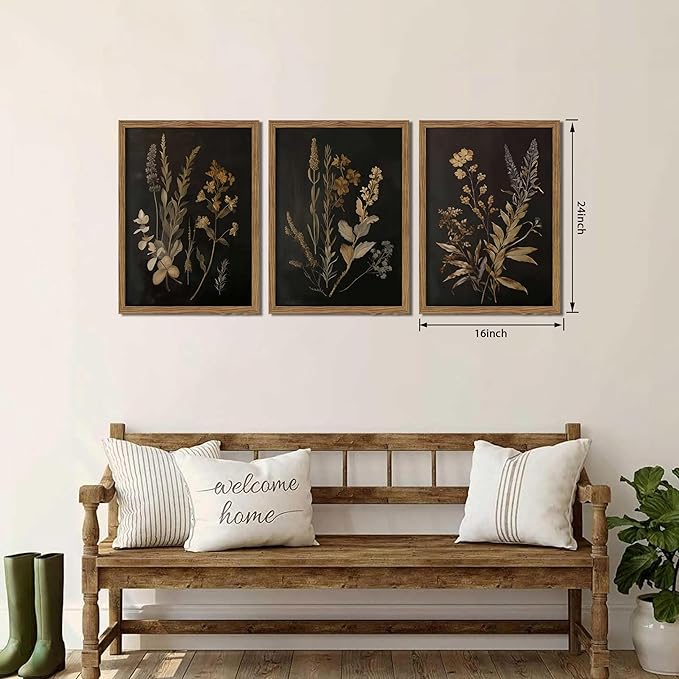 Framed Dark Botanical Wall Art Set of 3, Black Moody Floral Wall Decor Paintings, Dark Academia Decor, Vintage Flower Artwork Prints Pictures for Living Room Bedroom Bathroom 16x24 Inch