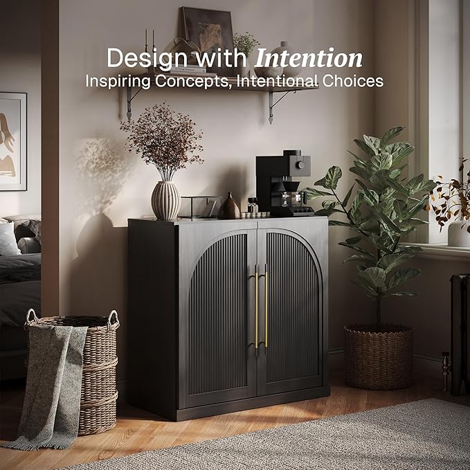 BELLEZE Modular Sideboard with Double-Arc Wood Doors, Small Arched Buffet Cabinet with Storage and Adjustable Shelves, Classic Modern Credenza for Dining Room, Living Room, or Entryway (Ebony)