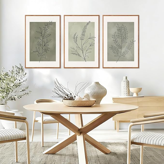 CHDITB Sage Green Botanical Framed Canvas Wall Art Set, Nature Line Art Wall Decor, Neutral Minimalist Floral Artwork, Boho Greenery Plant Flower Art Prints for Living Room, Bedroom, Office 24"x36"x3