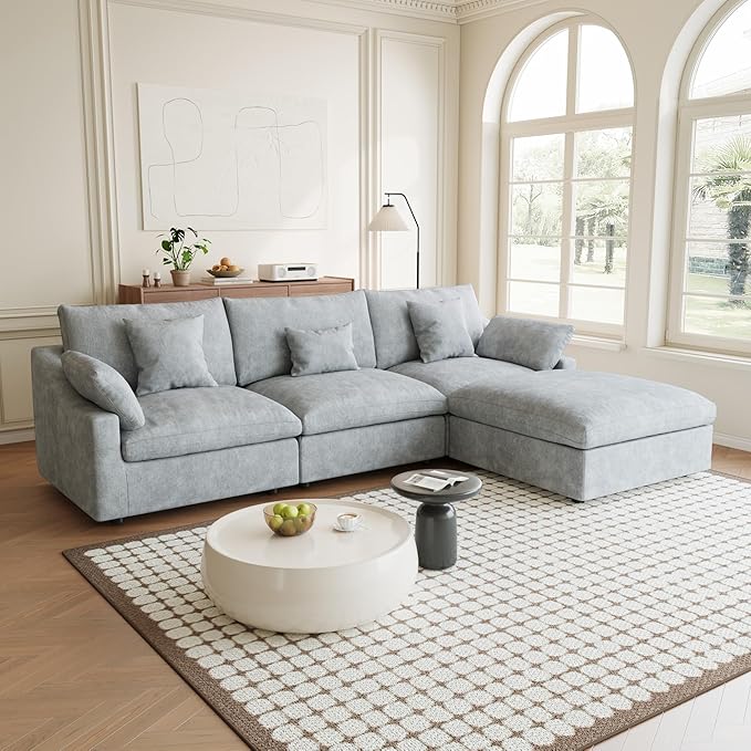 Cloud Sectional Couches for Living Room, L Shaped Sofa with Chaise Ottoman, Modular Couch Deep Seat, Grey Sofa Covers Washable&Removable