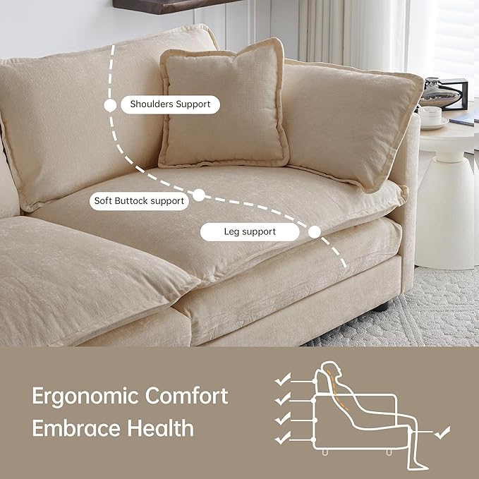 Modular Sectional Sofa, 146.5 Inch L-Shaped Cloud Sofa with Deep Seat Chenille Sofa with Cushions, Four Seater Sectional Sofa for Living Room Apartment,Light Coffee