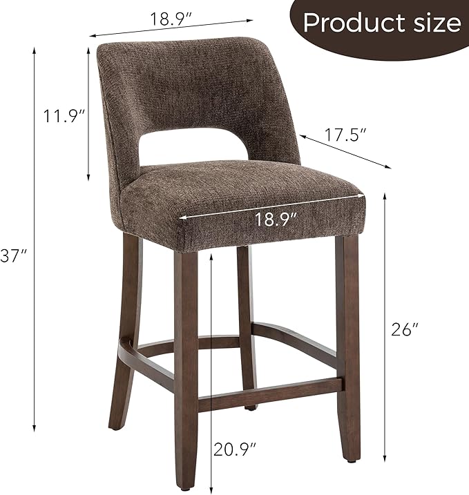 VKNOW Bar Stools Set of 4,Upholstered Counter Height Bar Stools,Modern Counter Stools with Wood Legs for Kitchen Island Dining Room Bar, Brown