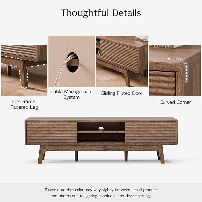 TOLEAD 59" Mid Century Modern TV Stand for TVs up to 65 Inch, Low Profile Entertainment Center with Fluted Sliding Doors & Storage, Wood TV Console Table for Living Room, Walnut