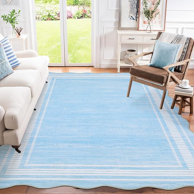 Garvee Washable Rugs 10x13 Area Rugs for Living Room Bedroom, Low Pile Ultra Soft Solid Neutral Carpet, Non Slip & Non Shedding Modern Scalloped Print Floor Mats for Home Decor, Light Blue