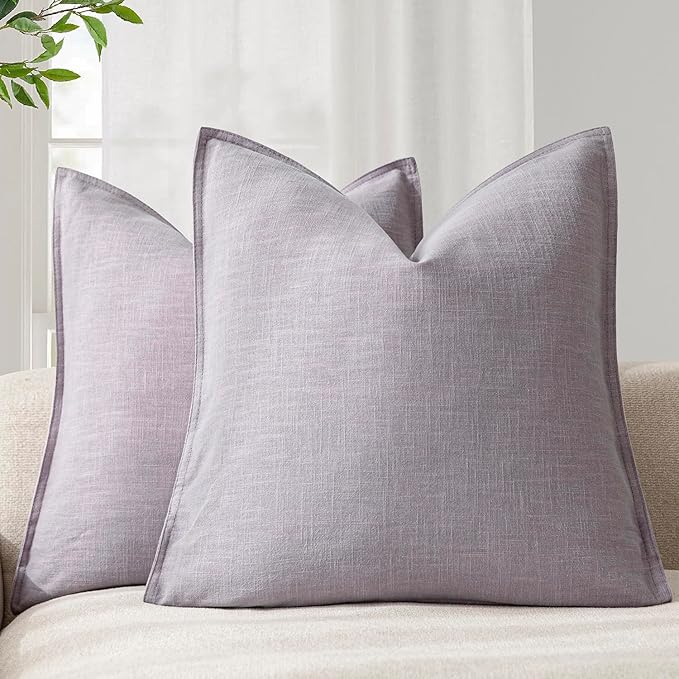 Foindtower Pack of 2, Decorative Linen Soild Throw Pillow Covers Soft Accent Euro Cushion Case Boho Farmhouse Neutral Pillowcase for Couch Sofa Bedroom Living Room Home Decor 24 x 24 Inch Light Purple