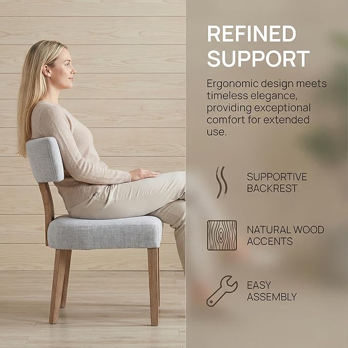HNY Set of 4 Mid Century Modern Dining Chairs, Farmhouse Linen Fabric Upholstered Accent Chair Curved Backrest Kitchen Chairs, with Hardwood Frame, Grey