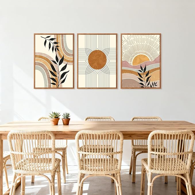 HPINUB Boho Framed Canvas Wall Art Prints, (Set of 3,12X16 Inch) Mid Century Modern Wall Decor, Nature Plants Desert Sun Art Paintings, Bohemian Artwork for Living Room, Bedroom, Dining Room, Office
