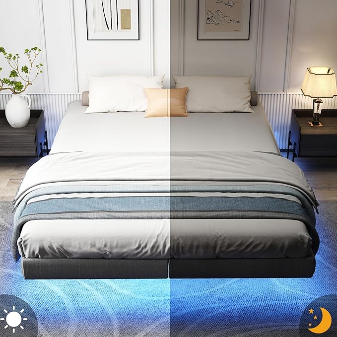 Floating Bed Frame King with LED Lights, Metal Platform King size Floating Bed Frame with Under Bed Storage, Heavy Duty Steel Slats Support, No Box Spring Needed, Noise Free, Easy Assembly, Grey