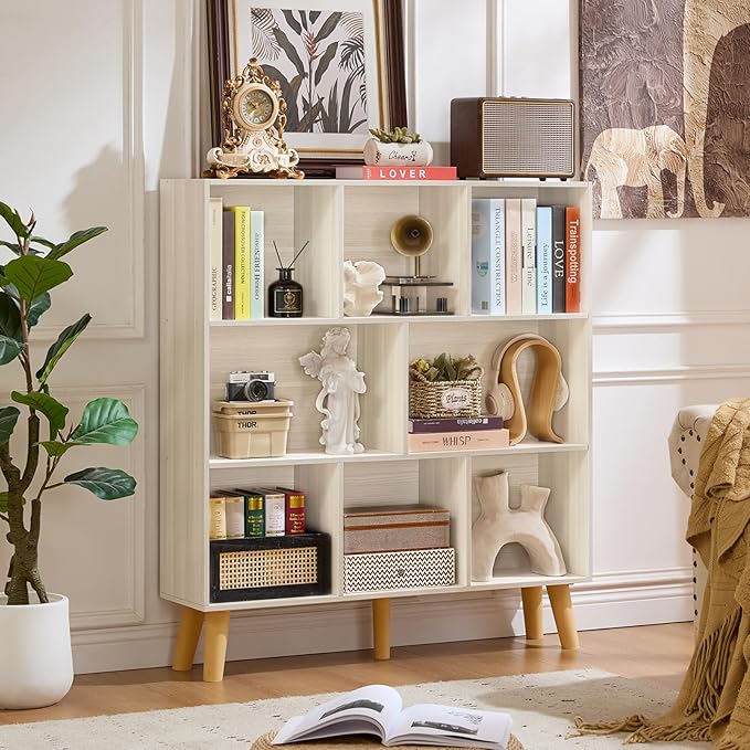 LEYAOYAO 8 Cube Bookshelf,3 Tier Bookcase with Legs,Light Grey White Mid-Century Modern Bookshelves,Large Open Storage Organizer Shelf, Wooden Book Case