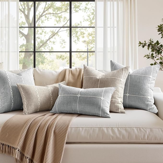 HOMEIDEAS Decorative Striped Throw Pillow Covers 24x24 Set of 2, Grey Farmhouse Pillow Covers, Neutral Faux Linen Cushion Covers for Couch Sofa Bed Home Decor