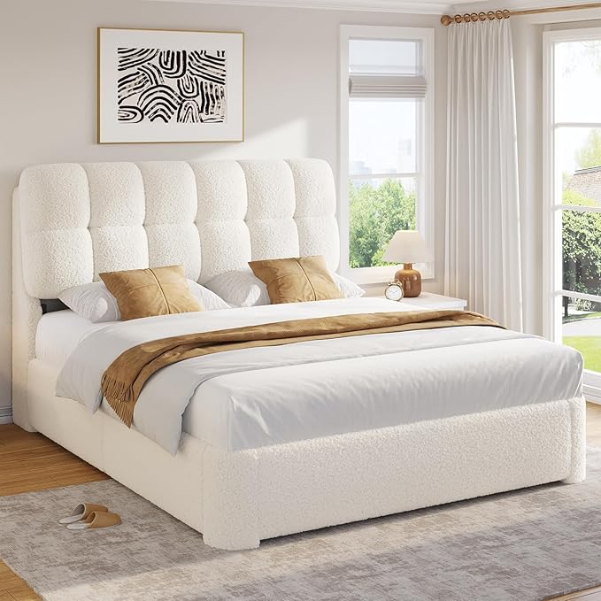 DICTAC Boucle Full Size Bed Frame with Headboard, Modern Upholstered Platform Bed Frame Full with Rounded Corners, Soft Cloud beds, Wood Slats Support, No Box Spring Needed, Easy Assembly, Cream