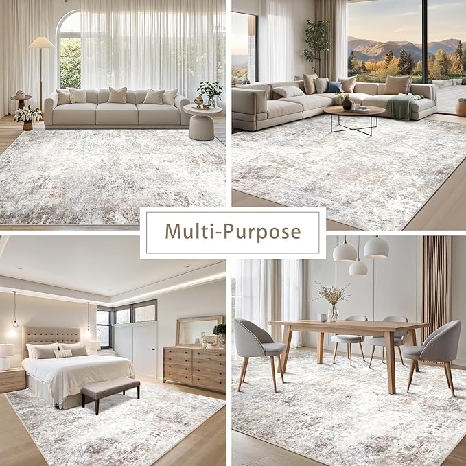Srugn Washable Rugs 8x10 Area Rugs for Living Room,Modern Abstract Rugs for Bedroom,Large Carpets,Ultra Soft Faux Wool Retro Dining Room Rug,Non Slip&Non-Shedding Low Pile Print Rug- Beige Grey