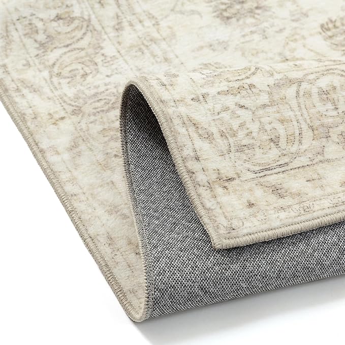 PureCozy 6x9 Area Rug Machine Washable Living Room Bedroom Vintage Distressed Non Slip Carpet Indoor Large Low Plie Thin Beige Dining Room Home Office Retro Accent Rug