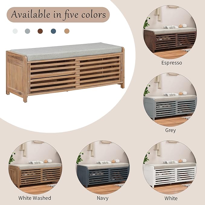 LUMISOL Shoe Bench with Storage and Cushion, Farmhouse Distressed Shutter Storage Bench with Retro Charm for Living Room, Entryway, White Washed