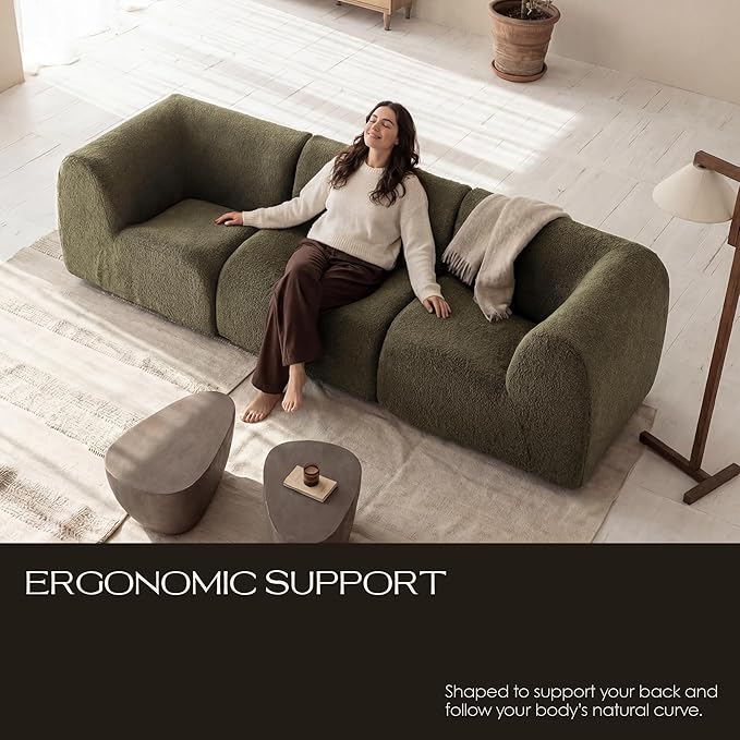 110" 3-Seater Modular Sectional Sofa, Sherpa Cloud Couch with Deep Seat Comfort, Boneless Curved Sofas with High-Density Foam Strong Support, Modern Cozy Sofa for Living Room – No Assembly, Green