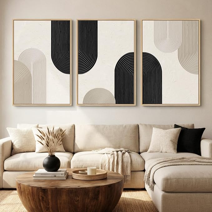 Large Framed Boho Neutral Abstract Wall Art for Living Room, 3 Piece Black and Beige Canvas Prints Artwork for Walls, Modern Minimalist Geometric Wall Decor for Bedroom Dining Room Hallway, 24x36 In