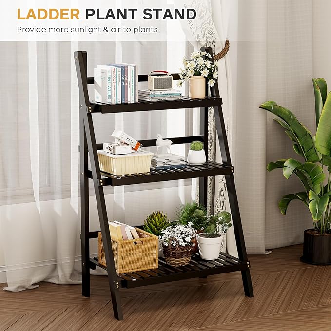oakvivo 39.4" Foldable Plant Shelf Ladder Shelf, 3 Tier Bamboo Ladder Flower Pot Display Shelf, Freestanding Ladder Bookshelf for Garden, Balcony, Yard, Living Room, 23.6" W x 15" D x 39.4" H, Black