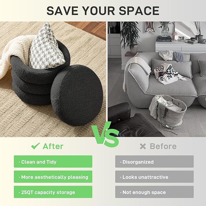 Krcix Round Ottoman with Storage Boucle Ottoman Stool with Storage Removable Lid for Living Room Modern Vanity Sorage Stool Foot Rest Bedroom Dorm Gift Set of 1 (Black)