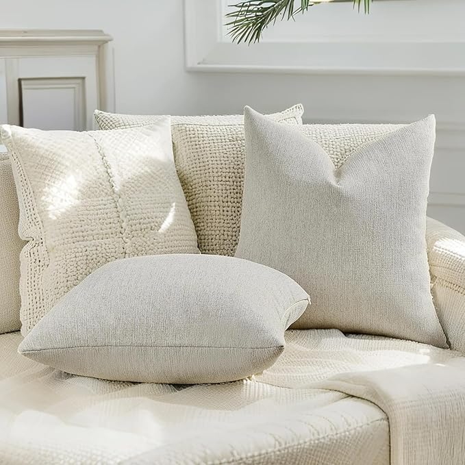 HAUSSY Cream White Throw Pillow Covers 16x16 Inch Set of 2,Boho Decorative Faux Linen Throw Pillows Cozy Farmhouse Accent Cushion Covers,Home Decor for Couch Sofa Bed Living Room