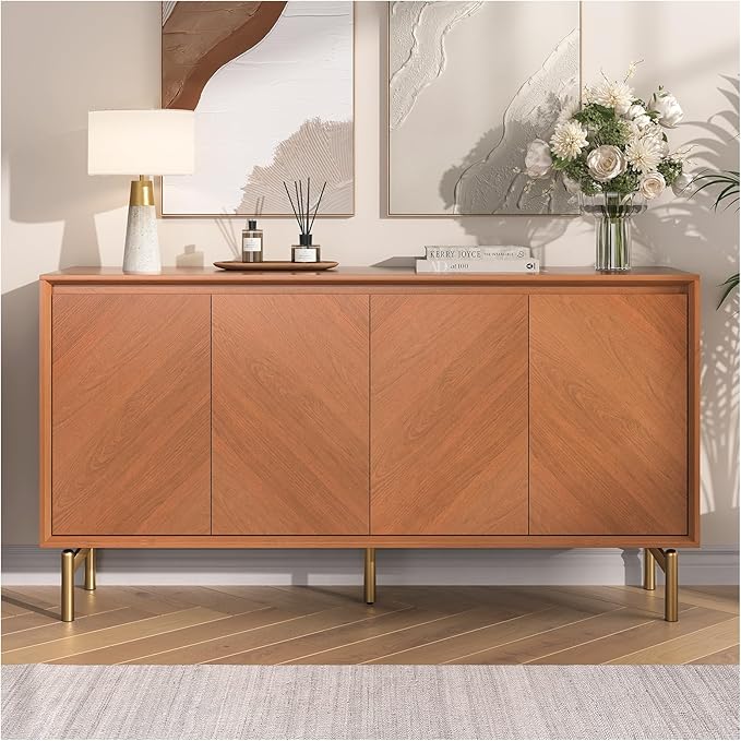 JOINICE Storage Cabinet, 59" Sideboard Buffet Cabinet with 4 Doors, Mid-Century Modern Wood Accent Cabinet, Chevron Pattern Credenza for Dining Room, Living Room, Entryway, Brown