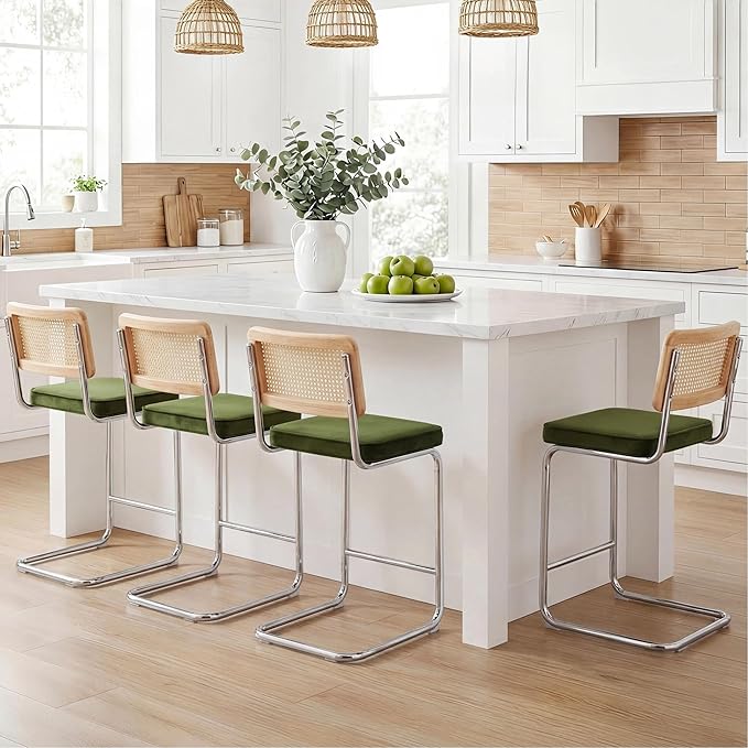 Zesthouse Natural Rattan Counter Stools Set of 4, Olive Green Modern Bar Stools with Solid Wood Back & Chrome Base, 26" Velvet Counter Height Barstools, Mid Century Cesca High Chair for Kitchen Island