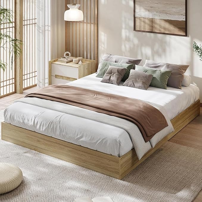 Solid Wood Platform Bed with Sturdy Wooden Slats, Full Size Floor-Standing Bed Frame, Modern Minimalist Design Space-Saving Bed Frame, No Box Spring Needed, Easy Assembly