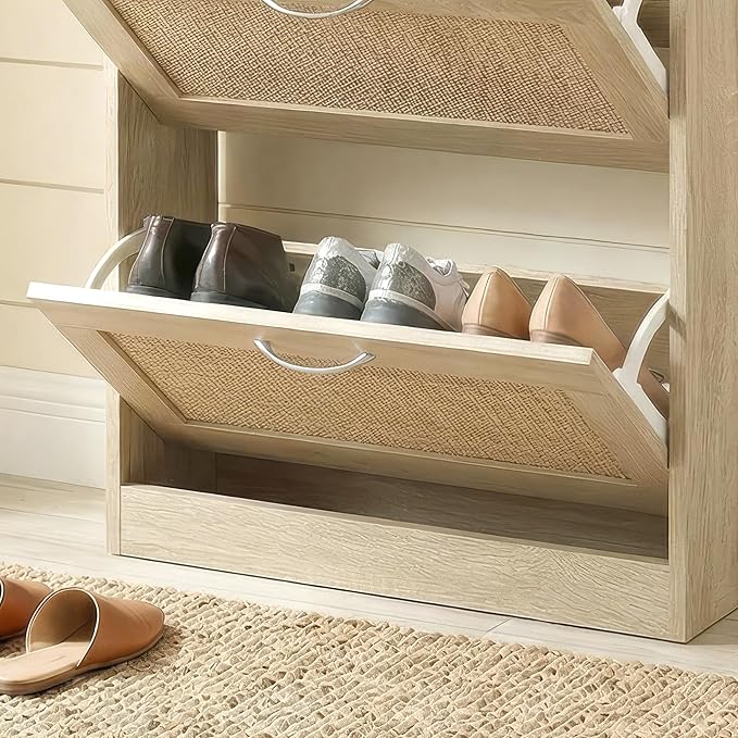 HOPUBUY Rattan Shoe Cabinet for Entryway, Narrow Shoe Storage Cabinet with 3 Flip Drawers, Hidden Shoe Cabinet Wood 3 Tier Slim Shoe Rack for Home and Apartment, Nature | Shoe Storage Cabinet, Hidden, Shoe Cabinet Wood, Slim, Shoe Rack