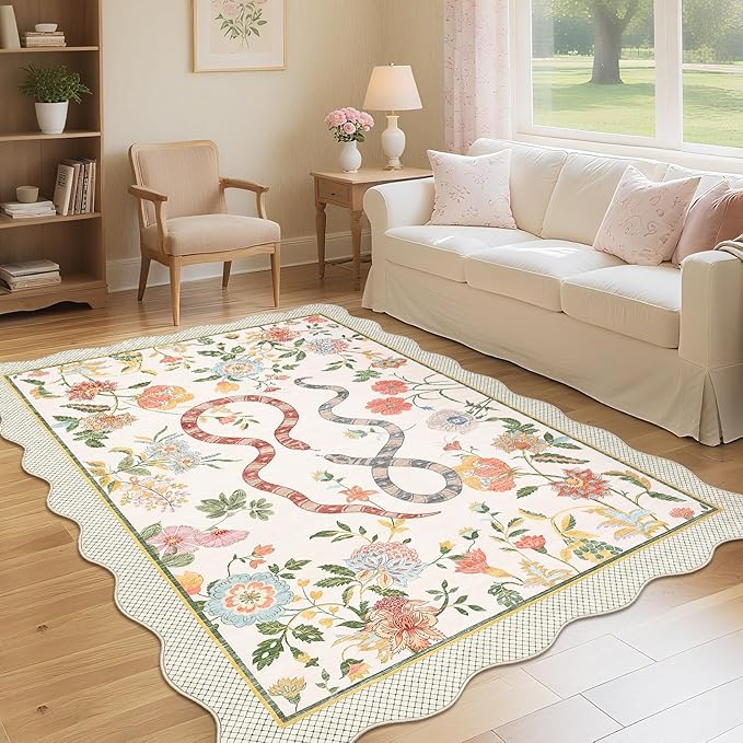 Garvee 10x13 Area Rugs for Living Room Non Slip Botanical Snake Rugs for Bedroom, Boho Scalloped Indoor Stain-Resistant Dining Room Rug for Under Table Carpet for Home Office Playroom Farmhouse,Beige