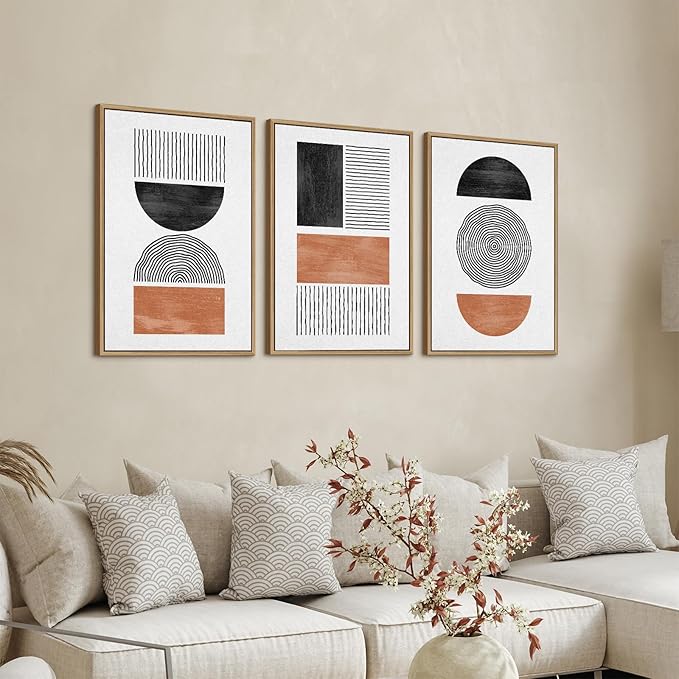 Framed Wall Art Canvas Set Mid Century Boho Pictures Modern Geometric Wall Decor Minimalist Black Brown Bohemian Abstract Painting Artwork for Living Room Bedroom Office 16"x24"x3 Natural