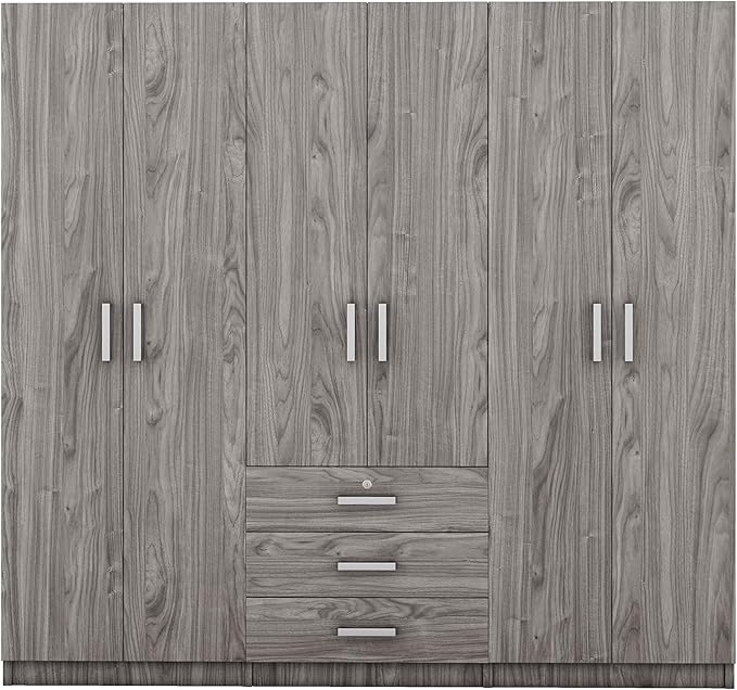 6 Door Armoire Wardrobe Closet with Big 3 Drawers, Wooden Freestanding Bathroom Armoire Cabinet with Shelves and Hanging Rod, Clothes Storage Organizer for Bedroom, Guest Room (Gray-8)