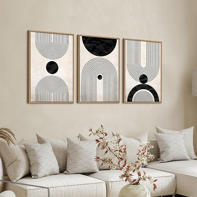 Framed Wall Art Canvas Set Mid Century Boho Pictures Modern Abstract Geometric Wall Decor Minimalist Black Beige Bohemian Canvas Painting Artwork for Living Room Bedroom Office 16"x24"x3 Natural