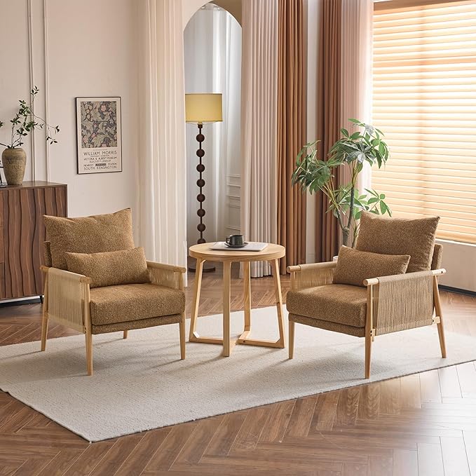 Karl home Cozy Chenille Accent Chair with Lumbar Pillow & Rattan Arms Modern Lounge Chair for Living Room, Bedroom, Reading Nook, Khaki